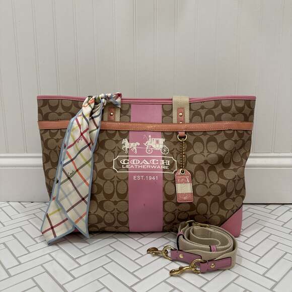 Coach Signature Canvas Tan and Pink Diaper Bag, Shoulder Bag, Travel Bag - Picture 1 of 13